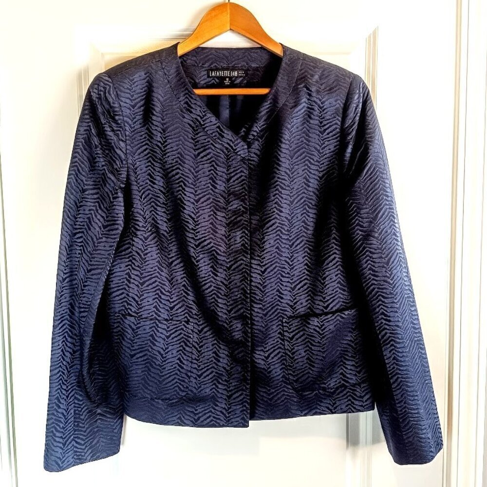 Lafayette 148 New York Navy Blue Silk Jacquard Blazer Jacket